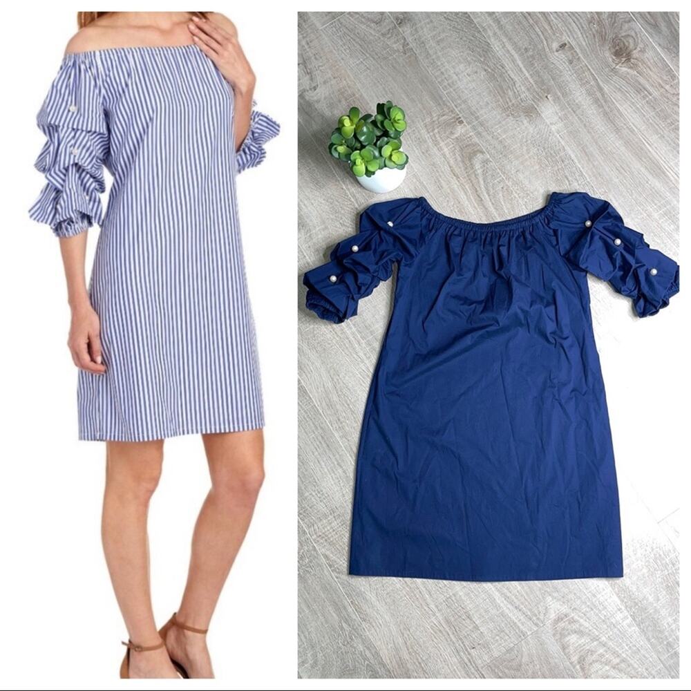 SAM AND JESS Women's Blue Off Shoulder Ruched Sleeve Dress